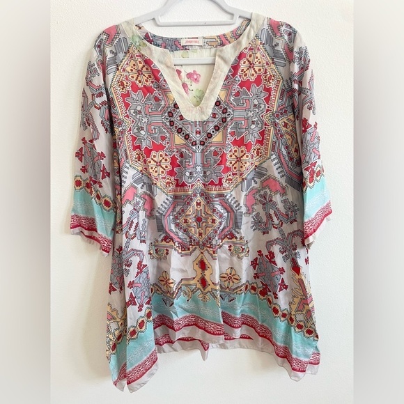 Johnny Was white red blue multicolor Alamo Silk Indian Print Tunic blouse S - Picture 2 of 8